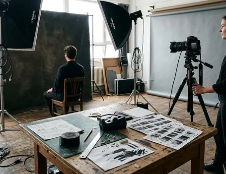 Photography setup with lighting equipment, a seated subject, and a photographer waiting beside the camera